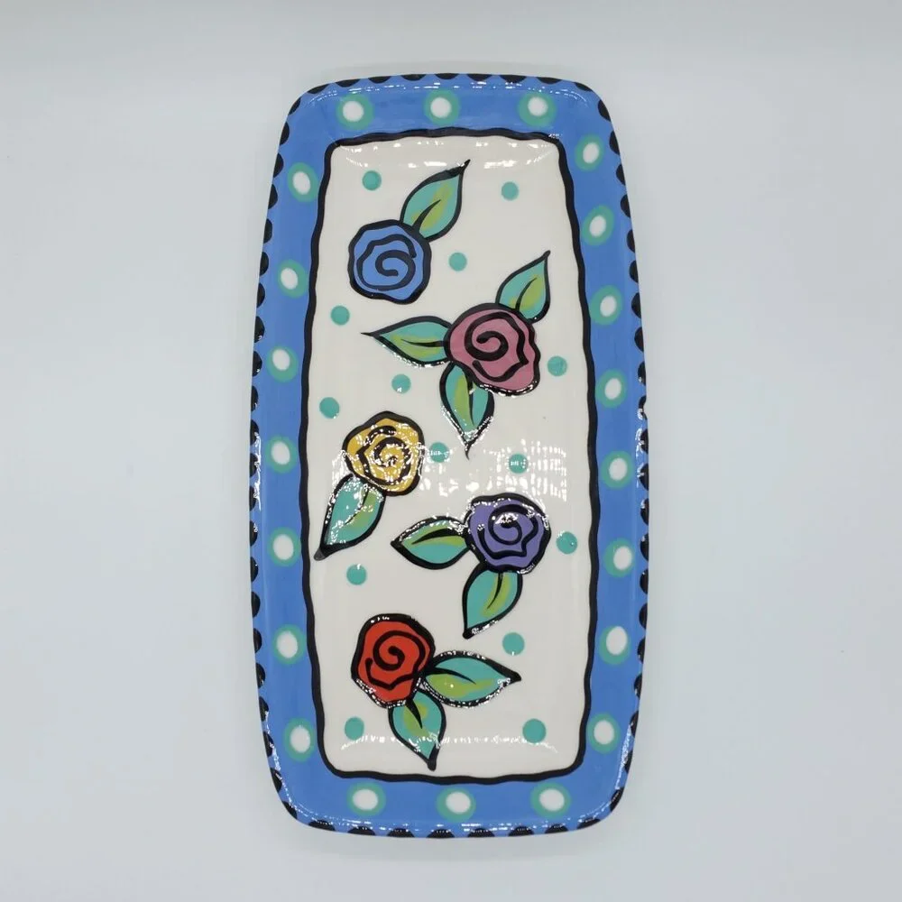 Chris Bubany Hand-Painted Art Pottery Ceramic Floral Platter Tray 10